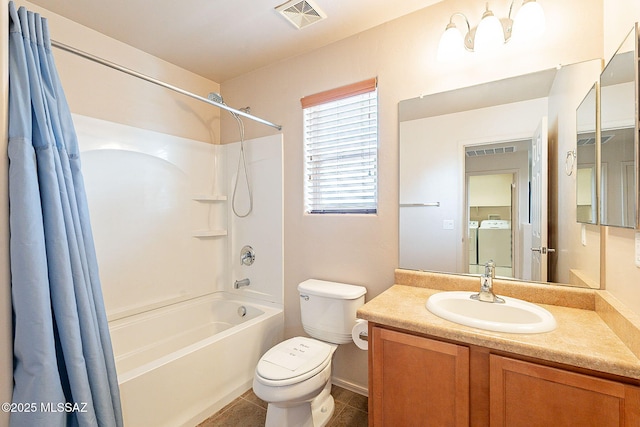 full bathroom with shower / bathing tub combination, visible vents, toilet, and tile patterned flooring