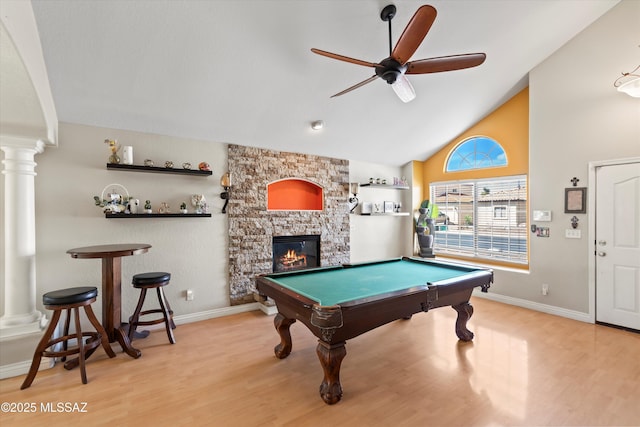 recreation room featuring wood finished floors, billiards, a ceiling fan, and decorative columns