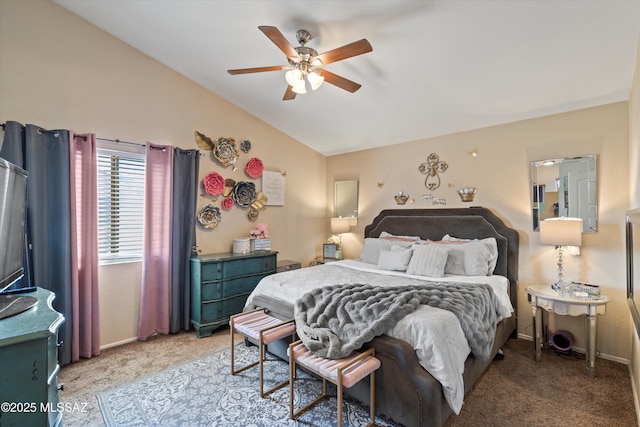 bedroom featuring a ceiling fan, lofted ceiling, light colored carpet, and baseboards