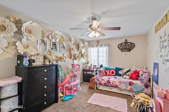 carpeted bedroom with ceiling fan