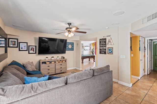 living room with a ceiling fan, visible vents, baseboards, light tile patterned flooring, and pool table