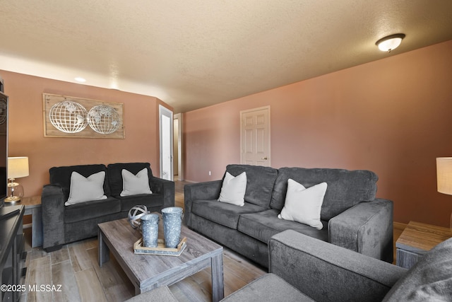 living area with a textured ceiling and wood finished floors