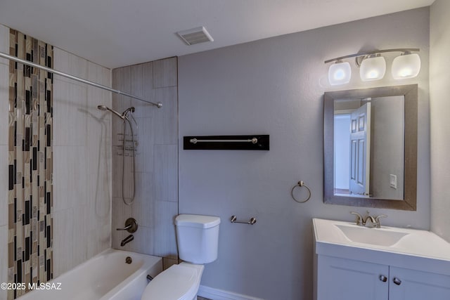 bathroom featuring visible vents, shower / bathtub combination, toilet, and vanity