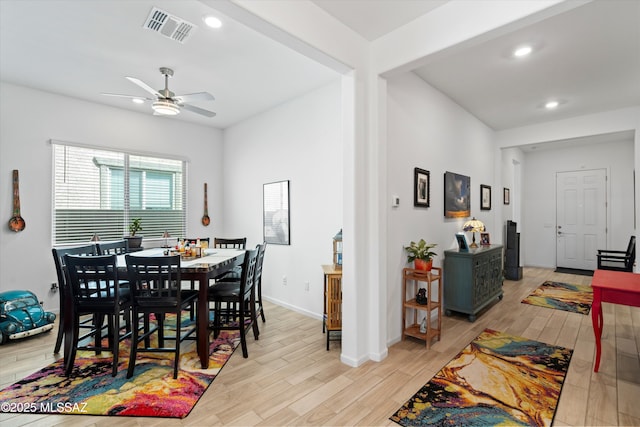 dining area featuring visible vents, recessed lighting, light wood finished floors, baseboards, and ceiling fan