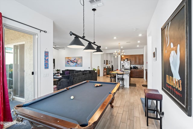 recreation room featuring recessed lighting, light wood-type flooring, visible vents, and pool table