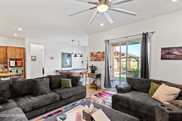 living area with recessed lighting, light wood-style floors, ceiling fan, and billiards