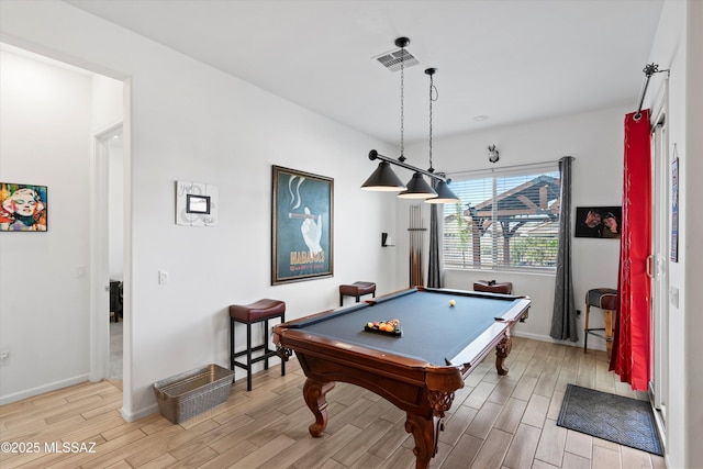 rec room with visible vents, billiards, baseboards, and wood tiled floor