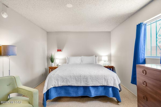 bedroom with carpet flooring and a textured ceiling