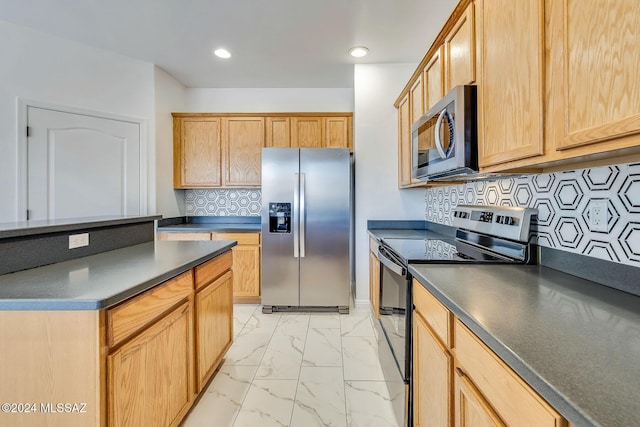 kitchen with recessed lighting, stainless steel appliances, decorative backsplash, dark countertops, and marble finish floor