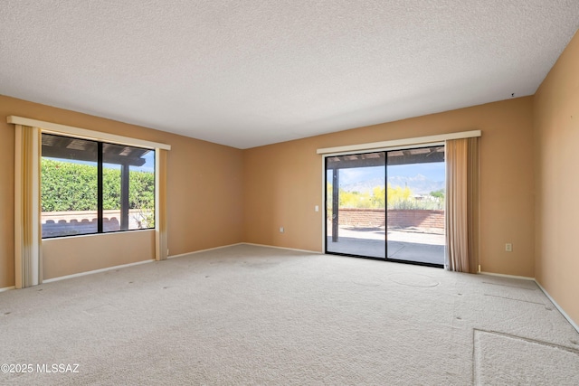 carpeted spare room featuring baseboards, a textured ceiling, and a healthy amount of sunlight