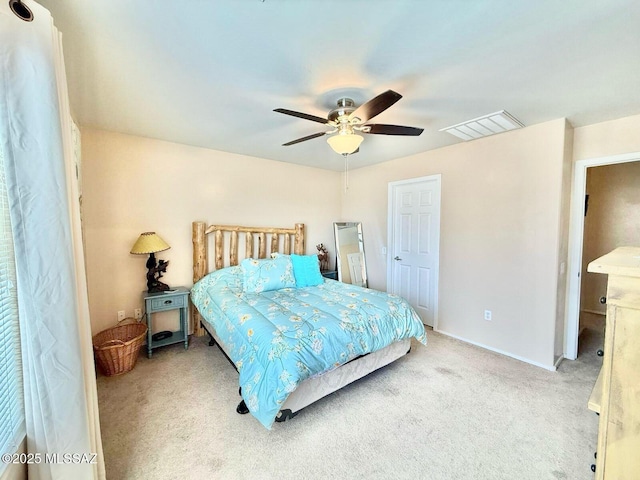 bedroom with visible vents, ceiling fan, carpet, and baseboards