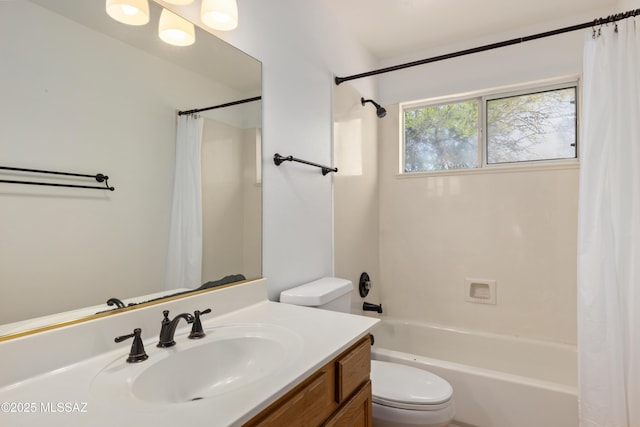 full bathroom with vanity, toilet, and shower / bath combination with curtain