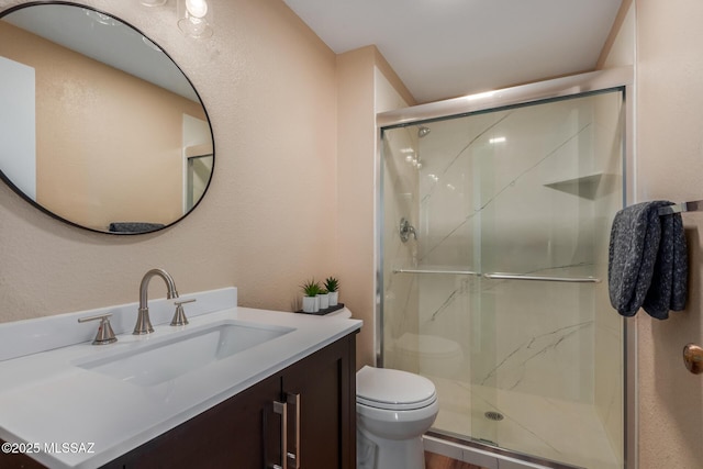 bathroom featuring vanity, toilet, and a shower stall