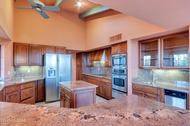 5460 N Paseo Pescado, Tucson, AZ 85718 - empty room featuring beamed ceiling, light tile patterned flooring, and high vaulted ceiling