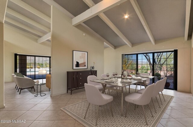 5460 N Paseo Pescado, Tucson, AZ 85718 - dining space featuring beam ceiling, light tile patterned floors, high vaulted ceiling, and plenty of natural light