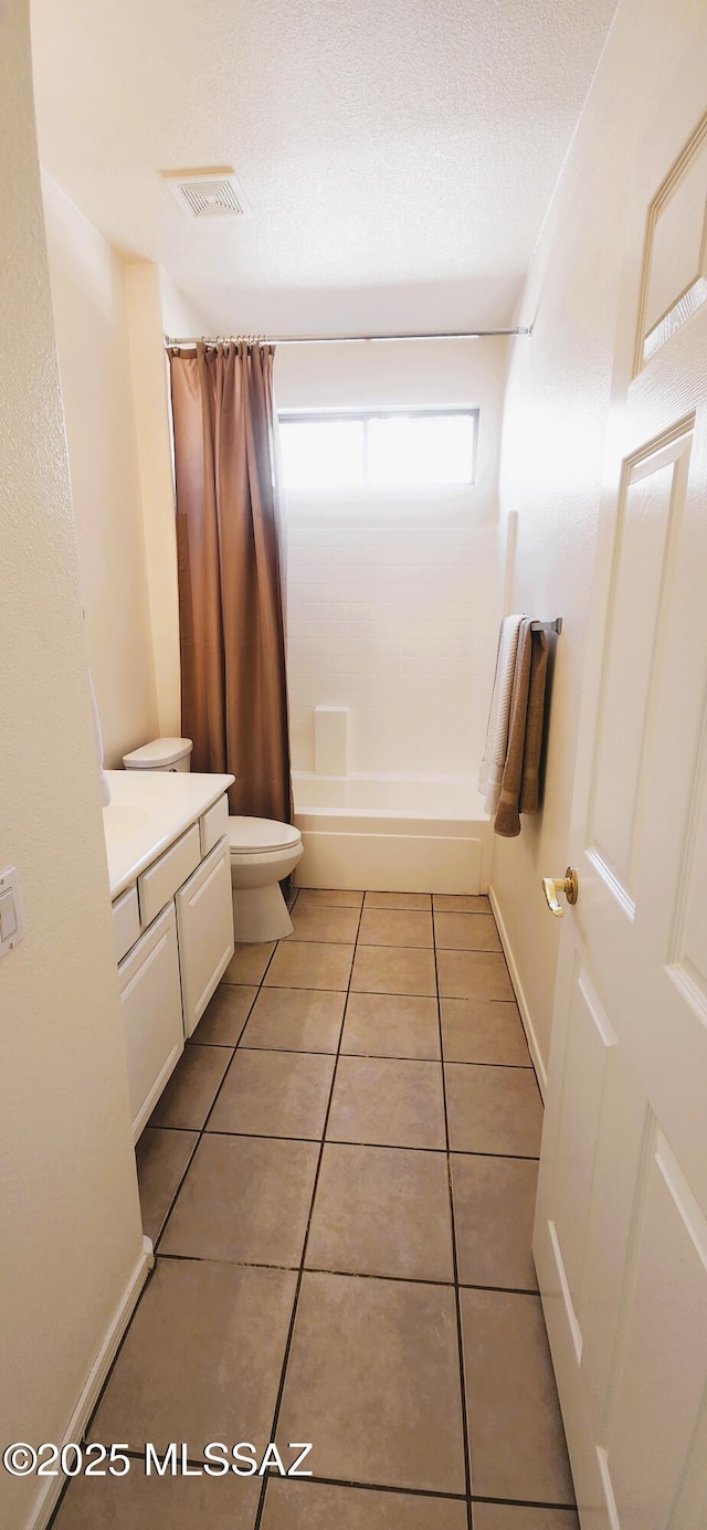 full bath with vanity, shower / bath combination with curtain, toilet, tile patterned flooring, and visible vents