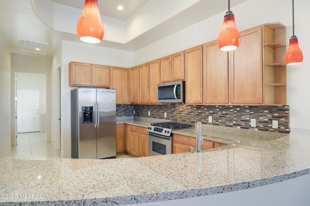 11626 N Moon Ranch Pl, Marana, AZ 85658 - kitchen with light stone countertops, decorative backsplash, hanging light fixtures, stainless steel appliances, and open shelves