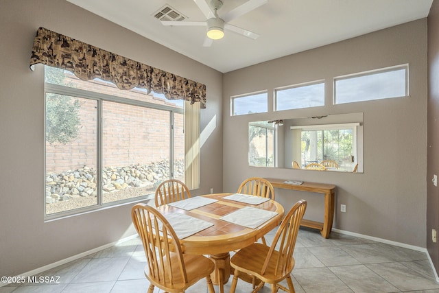 1117 E Regent Dr, Oro Valley, AZ 85755 - dining space featuring light tile patterned flooring, visible vents, baseboards, and ceiling fan