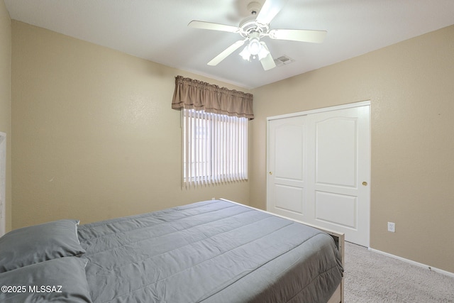 1117 E Regent Dr, Oro Valley, AZ 85755 - bedroom with carpet, baseboards, visible vents, ceiling fan, and a closet