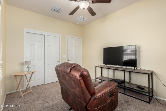 7483 S Salt Water Dr, Tucson, AZ 85757 - carpeted living room featuring visible vents, baseboards, and ceiling fan