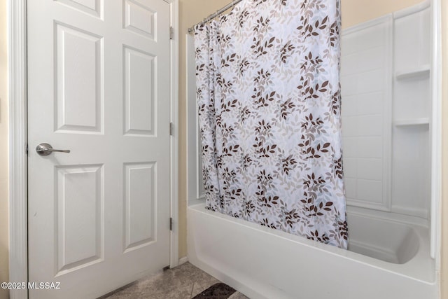7483 S Salt Water Dr, Tucson, AZ 85757 - bathroom with tile patterned floors and shower / bathtub combination with curtain