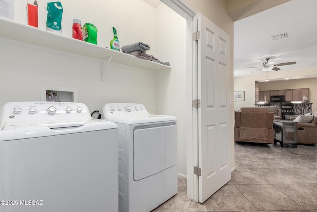 7483 S Salt Water Dr, Tucson, AZ 85757 - laundry room with washing machine and clothes dryer, visible vents, ceiling fan, light tile patterned floors, and laundry area