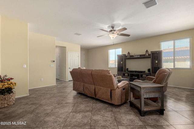 7483 S Salt Water Dr, Tucson, AZ 85757 - tiled living area featuring visible vents, baseboards, and ceiling fan