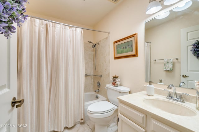full bath featuring shower / bath combination with curtain, toilet, and vanity