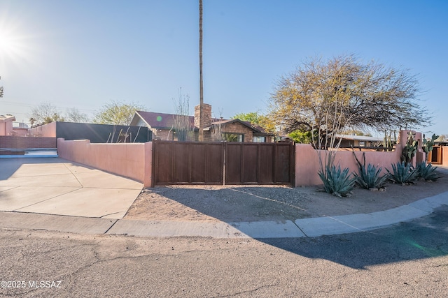 view of yard with a fenced front yard and a gate