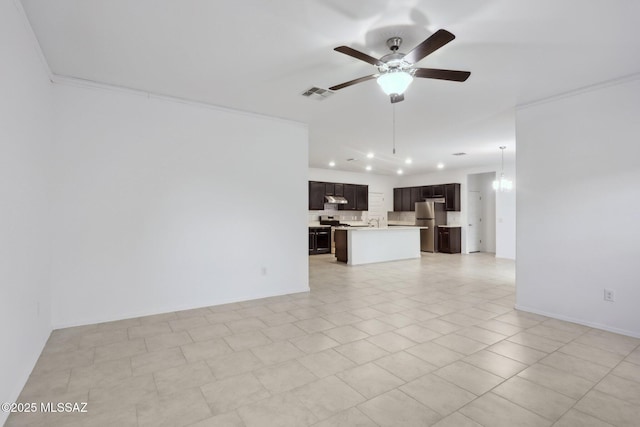 unfurnished living room with recessed lighting, baseboards, visible vents, ceiling fan, and ornamental molding
