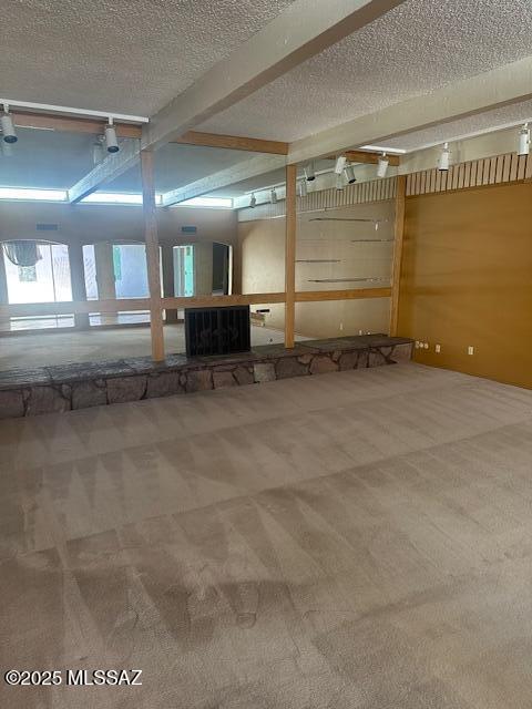interior space featuring carpet and a textured ceiling