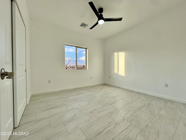 unfurnished bedroom featuring visible vents, baseboards, ceiling fan, lofted ceiling, and marble finish floor