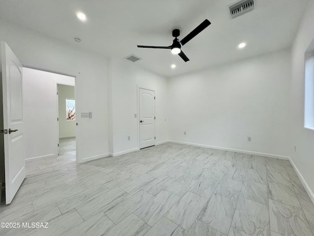 unfurnished bedroom featuring recessed lighting, visible vents, and baseboards
