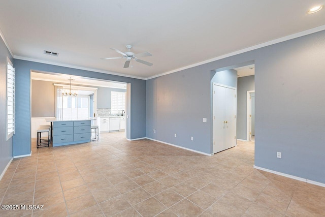 spare room featuring visible vents, ceiling fan with notable chandelier, crown molding, light tile patterned floors, and baseboards