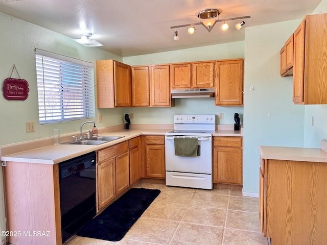 kitchen with a sink, dishwasher, light countertops, white range with electric cooktop, and under cabinet range hood