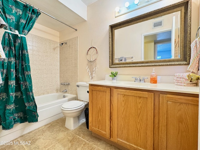 bathroom featuring tile patterned flooring, shower / tub combo with curtain, visible vents, vanity, and toilet