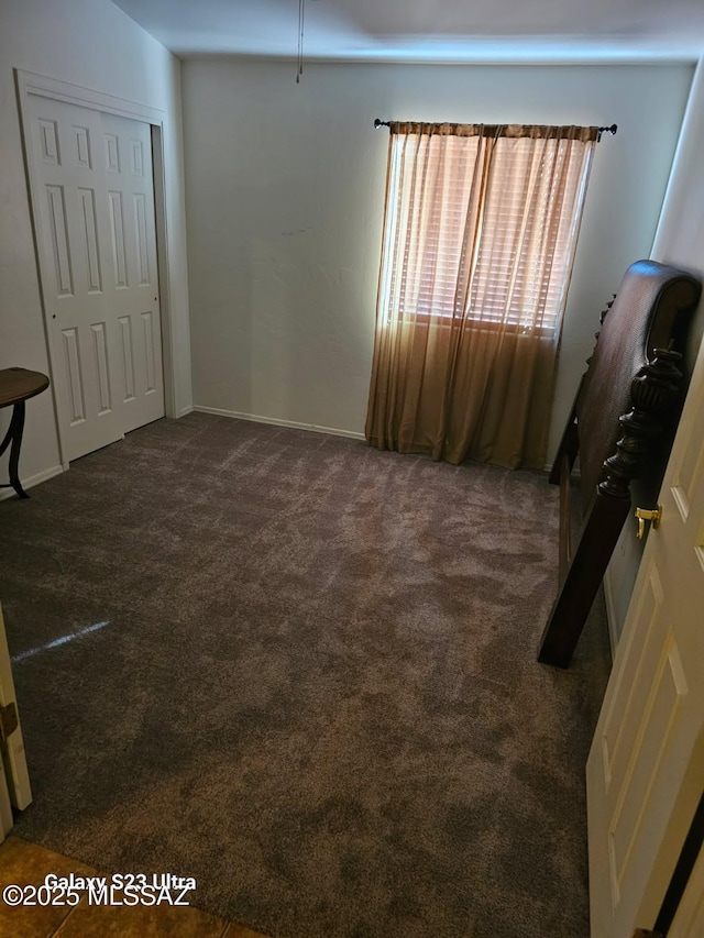 bedroom with a closet and dark colored carpet