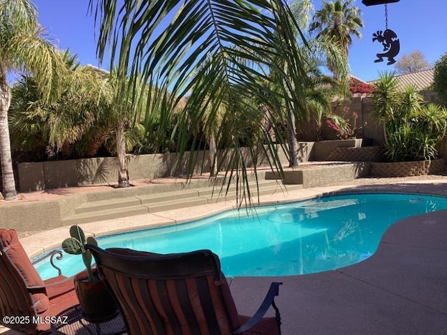 view of pool featuring a fenced backyard, a fenced in pool, and a patio