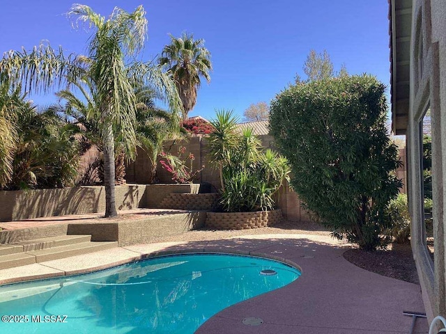 view of swimming pool with a fenced in pool, a fenced backyard, and a patio area