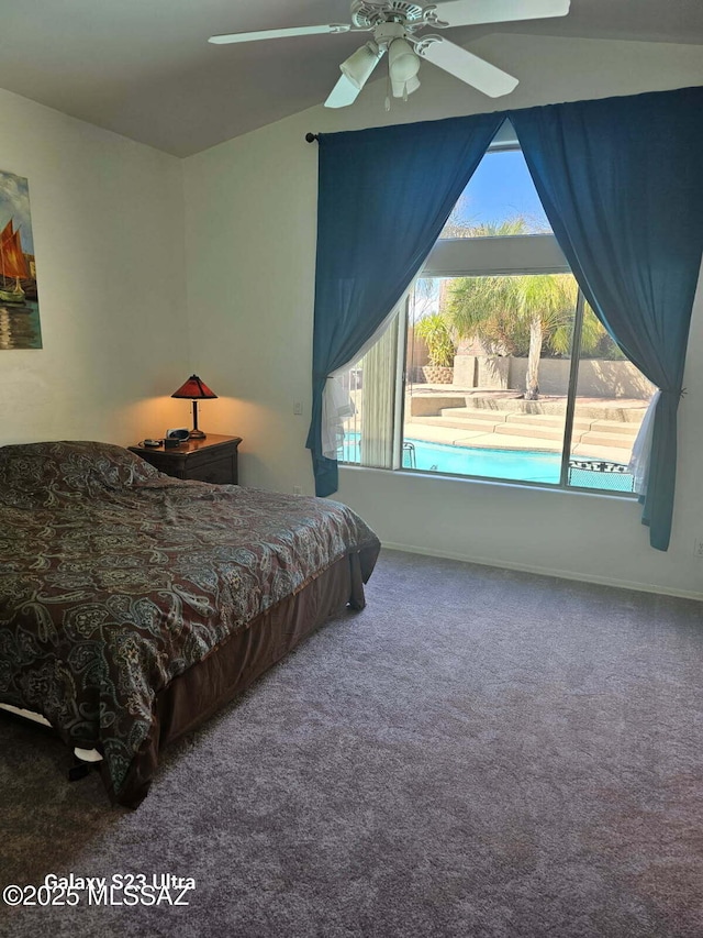 carpeted bedroom with baseboards and a ceiling fan