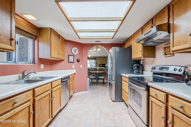 kitchen with under cabinet range hood, stainless steel appliances, light countertops, and a sink