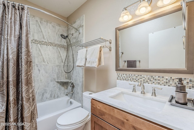 bathroom featuring shower / bathtub combination with curtain, tasteful backsplash, toilet, and vanity