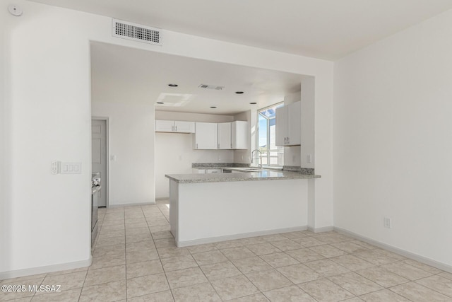 kitchen featuring visible vents, white cabinets, a peninsula, and baseboards