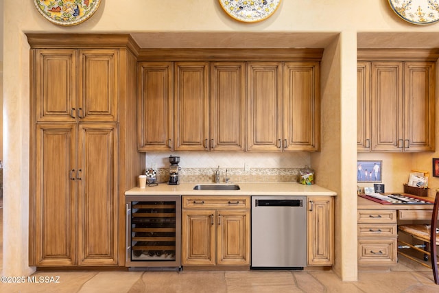 kitchen with light countertops, wine cooler, backsplash, a sink, and stainless steel dishwasher