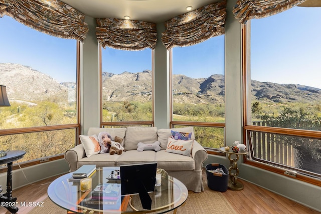 sunroom featuring a mountain view and wood finished floors
