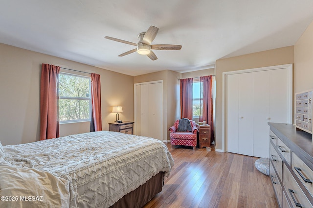 bedroom with multiple windows, multiple closets, baseboards, and wood finished floors