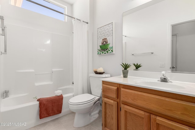 bathroom with shower / bath combo with shower curtain, toilet, tile patterned floors, and vanity