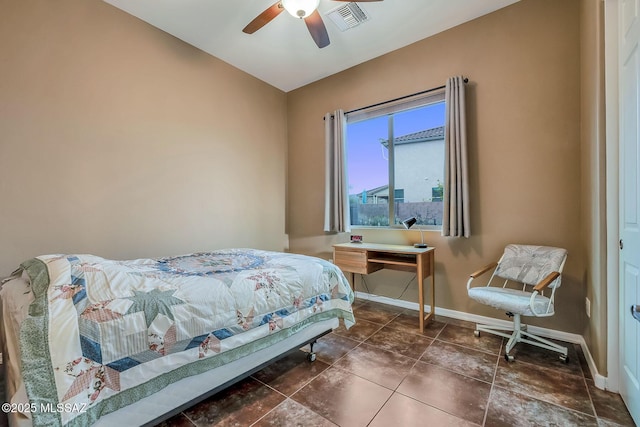bedroom with a ceiling fan, baseboards, and visible vents