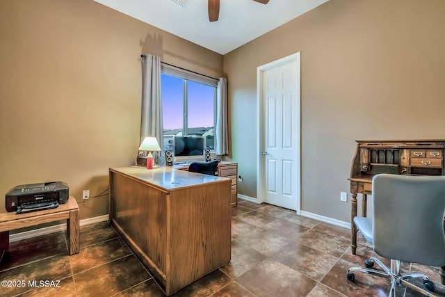 office with baseboards and ceiling fan
