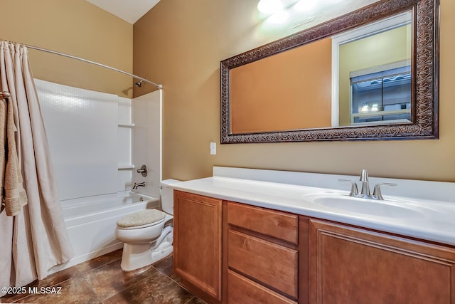 full bath with toilet, vanity, and shower / bath combo